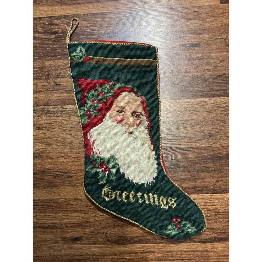 Vtg Handmade Needlepoint Christmas Stocking Victorian Old World Santa GREETINGS